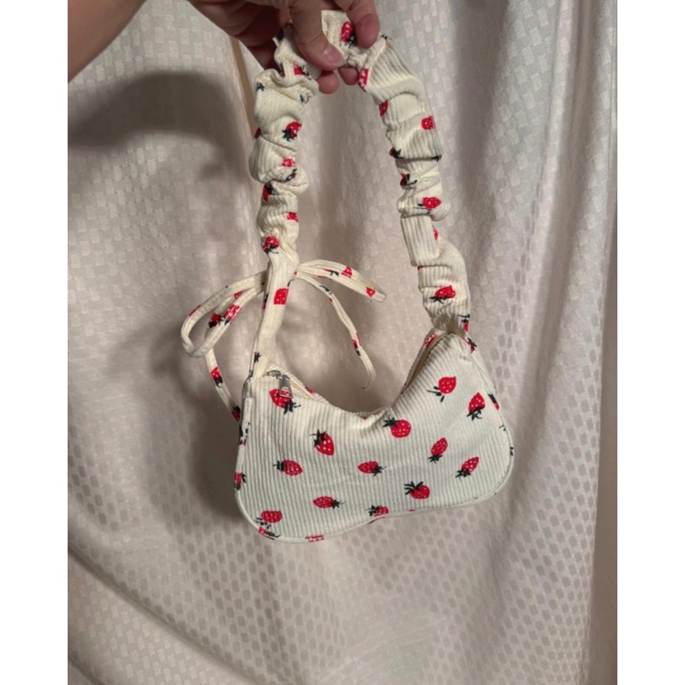 Strawberry Print Corduroy Shoulder Bag Cream Ruched Handle Bag Mini - Picture 2 of 6